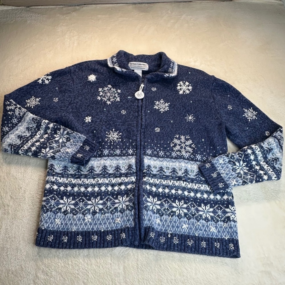 Heirloom Collectibles Christmas 2004 Beaded Snowflake Zip Sweater Blue Womens L